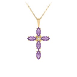 Marquise Cross Pendant in 18K Gold Plated Silver with Amethyst and Cubic Zirconia