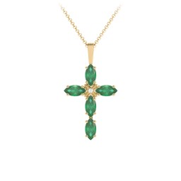 Marquise Cross Pendant in 18K Gold Plated Silver with Emerald and Cubic Zirconia
