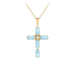 Marquise Cross Pendant in 18K Gold Plated Silver with Blue Topaz and Cubic Zirconia