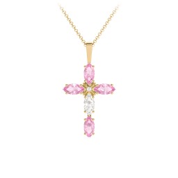 Marquise Cross Pendant in 18K Gold Plated Silver with Pink Tourmaline and Cubic Zirconia