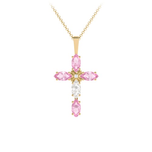 Marquise Cross Pendant – 18K Gold Plated Silver with Pink Tourmaline and Cubic Zirconia