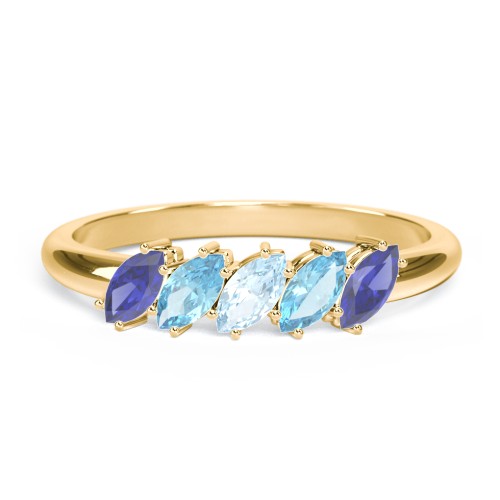 5 Stone Marquise Ring – 10K Yellow Gold with Blue Sapphire, Blue Topaz, and Aquamarine