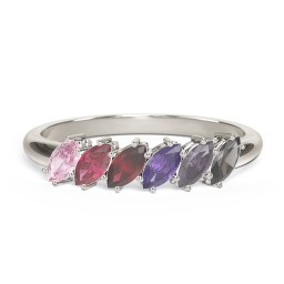 6 Stone Marquise Ring in 10K Solid White Gold with Pink Tourmaline, Ruby, Garnet, Amethyst, Alexandrite, and Smokey Quartz