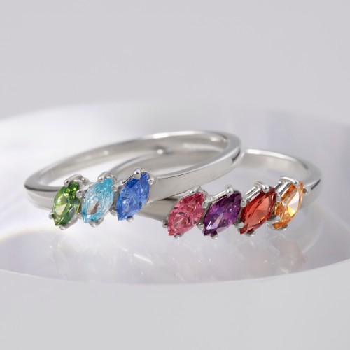 6 Stone Marquise Ring – 10K White Gold with Pink Tourmaline, Ruby, Garnet, Amethyst, Alexandrite, and Smokey Quartz