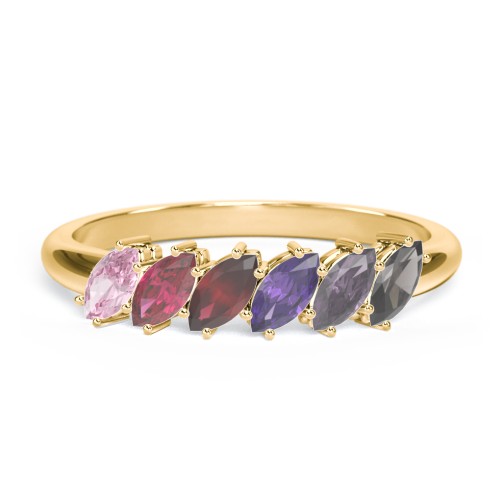 6 Stone Marquise Ring – 10K Yellow Gold with Pink Tourmaline, Ruby, Garnet, Amethyst, Alexandrite, and Smokey Quartz