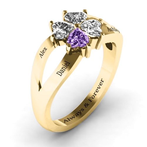 Engravable Clover Heart Cut Gemstone Ring with Split Shank – 10K Yellow Gold with Diamond, Cubic Zirconia, and Amethyst