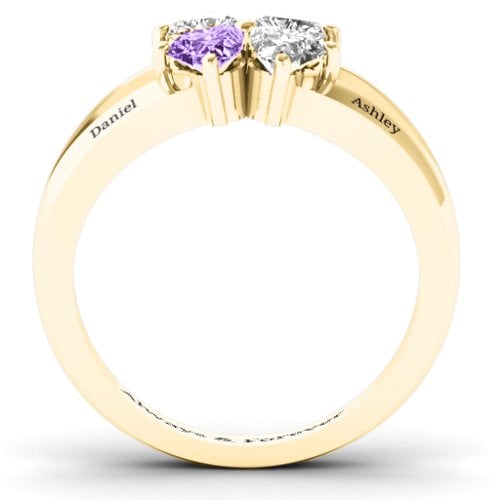Engravable Clover Heart Cut Gemstone Ring with Split Shank – 10K Yellow Gold with Diamond, Cubic Zirconia, and Amethyst
