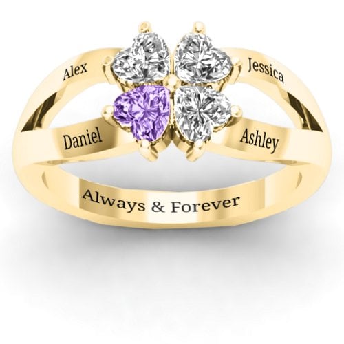 Engravable Clover Heart Cut Gemstone Ring with Split Shank – 10K Yellow Gold with Diamond, Cubic Zirconia, and Amethyst
