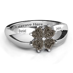 Engravable Clover Heart Cut Gemstone Ring with Split Shank in 925 Sterling Silver with Smokey Quartz