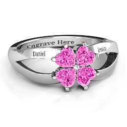 Engravable Clover Heart Cut Gemstone Ring with Split Shank in 925 Sterling Silver with Pink Tourmaline