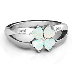 Engravable Clover Heart Cut Gemstone Ring with Split Shank in 925 Sterling Silver with Opal
