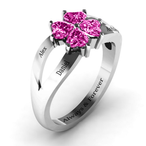 Engravable Clover Heart Cut Gemstone Ring with Split Shank – Sterling Silver with Pink Tourmaline