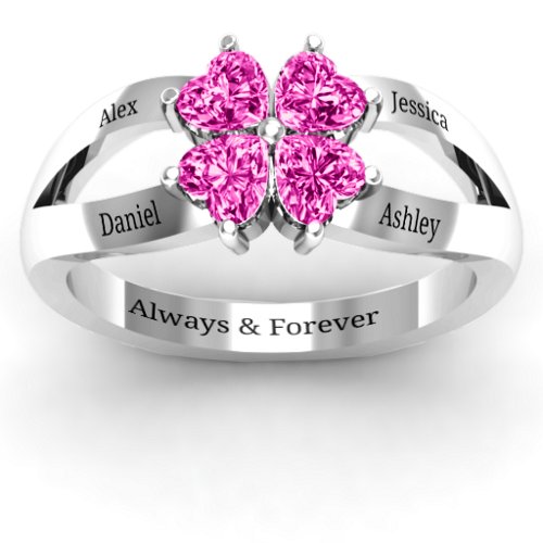 Engravable Clover Heart Cut Gemstone Ring with Split Shank – Sterling Silver with Pink Tourmaline
