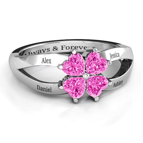 Engravable Clover Heart Cut Gemstone Ring with Split Shank – Sterling Silver with Pink Tourmaline