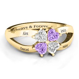 Engravable Clover Heart Cut Gemstone Ring with Split Shank in 10K Solid Yellow Gold with Cubic Zirconia and Amethyst