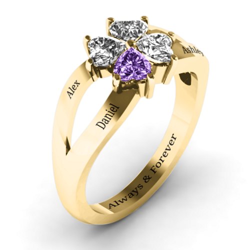 Engravable Clover Heart Cut Gemstone Ring with Split Shank – 10K Yellow Gold with Diamond, Cubic Zirconia, and Amethyst