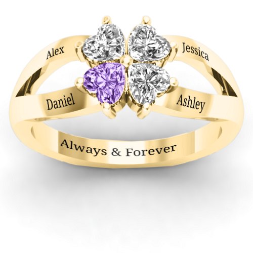 Engravable Clover Heart Cut Gemstone Ring with Split Shank – 10K Yellow Gold with Diamond, Cubic Zirconia, and Amethyst