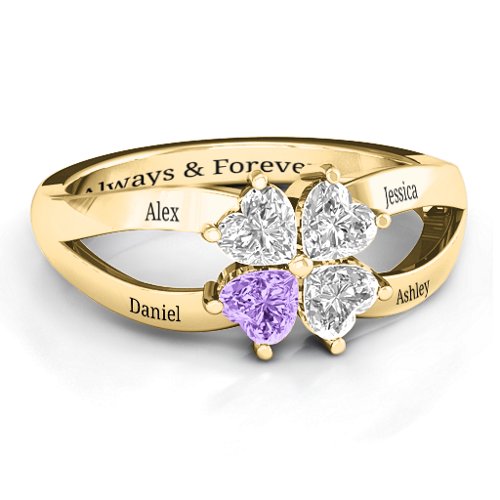 Engravable Clover Heart Cut Gemstone Ring with Split Shank – 10K Yellow Gold with Diamond, Cubic Zirconia, and Amethyst