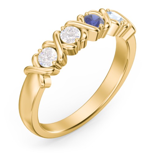 Hugs & Kisses XOXO Ring with 2-5 Stones – 10K Yellow Gold with Diamond, Blue Sapphire, and Aquamarine