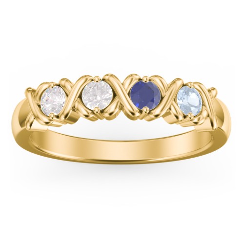Hugs & Kisses XOXO Ring with 2-5 Stones – 10K Yellow Gold with Diamond, Blue Sapphire, and Aquamarine
