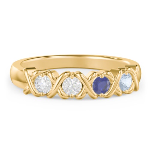 Hugs & Kisses XOXO Ring with 2-5 Stones – 10K Yellow Gold with Diamond, Blue Sapphire, and Aquamarine