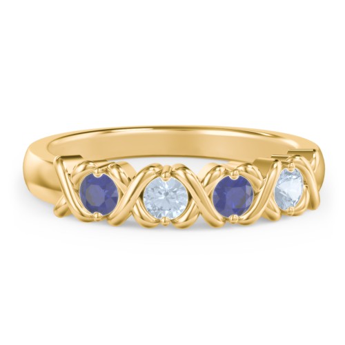Hugs & Kisses XOXO Ring with 2-5 Stones – 10K Yellow Gold with Blue Sapphire and Aquamarine