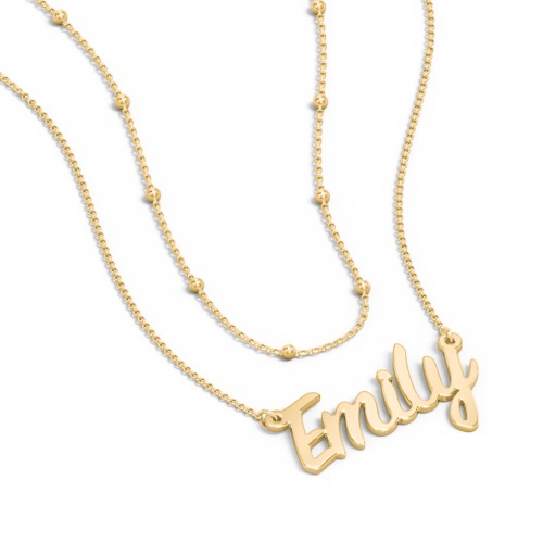 Personalised Name Necklace Layering Set with Ball Station Chain – 18K Gold Plated Silver