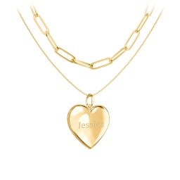 Engravable Heart Locket Necklace Layering Set with Paper Clip Chain