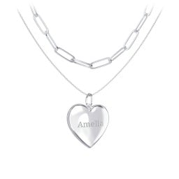 Engravable Heart Locket Necklace Layering Set with Paper Clip Chain