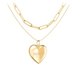 Engravable Heart Locket Necklace Layering Set with Paper Clip Chain in 18K Gold Plated Silver