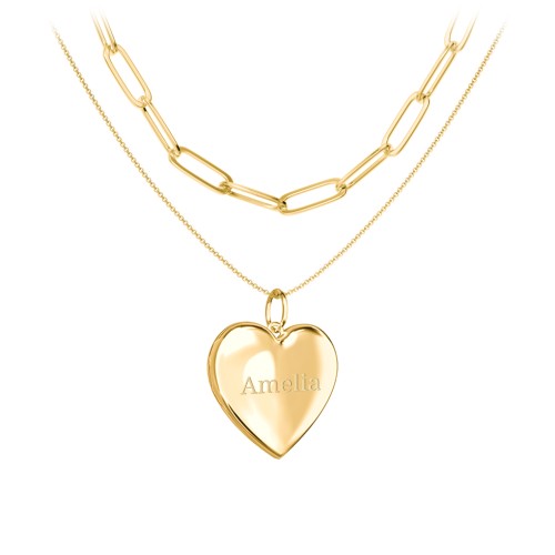 Engravable Heart Locket Necklace Layering Set with Paper Clip Chain – 18K Gold Plated Silver