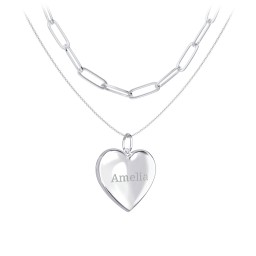 Engravable Heart Locket Necklace Layering Set with Paper Clip Chain in 925 Sterling Silver