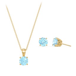 Solitaire Birthstone Necklace and Earrings Set in 10K Solid Yellow Gold with Blue Topaz