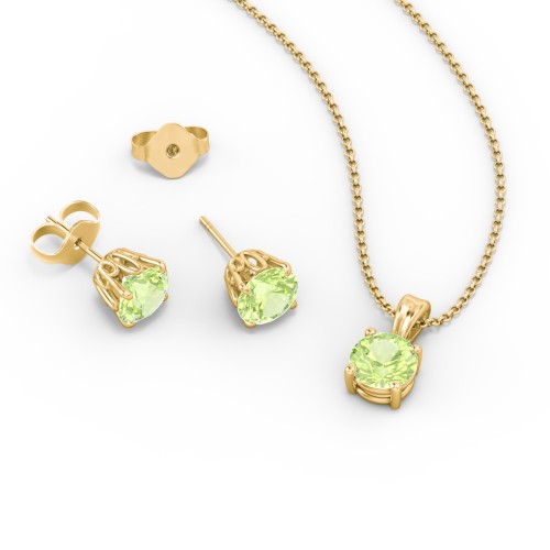 Solitaire Birthstone Necklace and Earrings Set – 10K Yellow Gold with Peridot