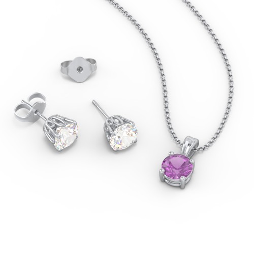 Solitaire Birthstone Necklace and Earrings Set – Sterling Silver with Amethyst and Cubic Zirconia
