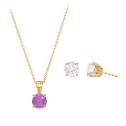 Solitaire Birthstone Necklace and Earrings Set in 10K Solid Yellow Gold with Amethyst and Cubic Zirconia