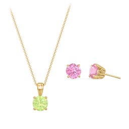 Solitaire Birthstone Necklace and Earrings Set in 10K Solid Yellow Gold with Peridot and Pink Tourmaline