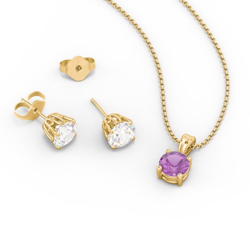 Solitaire Birthstone Necklace and Earrings Set – 10K Yellow Gold with Amethyst and Cubic Zirconia