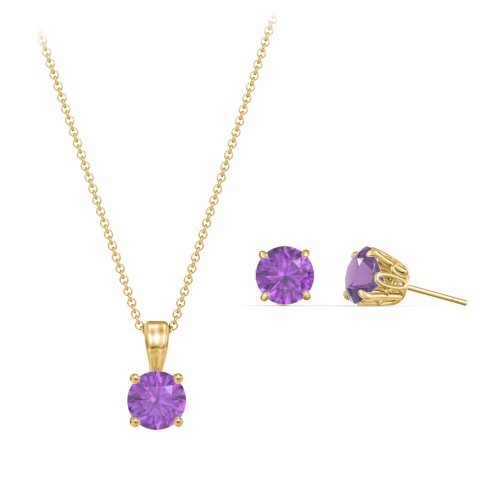 Solitaire Birthstone Necklace and Earrings Set – 10K Yellow Gold with Amethyst