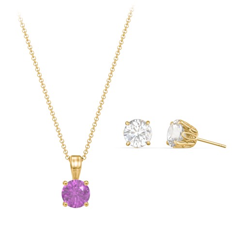 Solitaire Birthstone Necklace and Earrings Set – 10K Yellow Gold with Amethyst and Cubic Zirconia