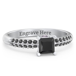 1/2 ct. Princess Gemstone Peek-A-Boo Engagement Ring with Double Row Accents in 925 Sterling Silver with Black Premium Zirconia and Alexandrite