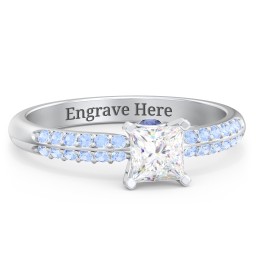 1/2 ct. Princess Gemstone Peek-A-Boo Engagement Ring with Double Row Accents in 925 Sterling Silver with White Premium Zirconia, Fancy Blue Premium Zirconia, and Blue Sapphire