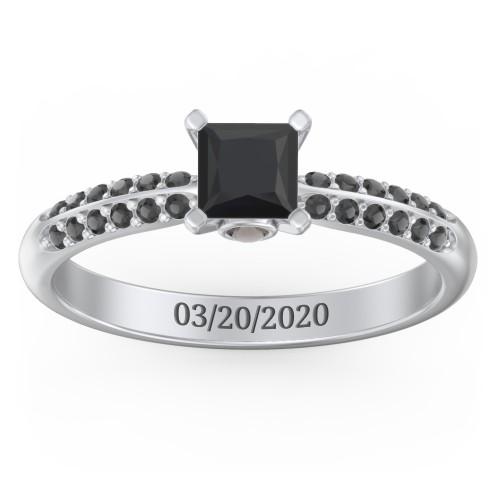1/2 ct. Princess Gemstone Peek-A-Boo Engagement Ring with Double Row Accents – Sterling Silver with Black Premium Zirconia and Smokey Quartz