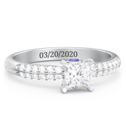 1/2 ct. Princess Gemstone Peek-A-Boo Engagement Ring with Double Row Accents – Sterling Silver with White Premium Zirconia and Blue Sapphire