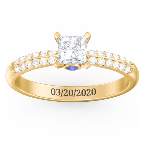 1/2 ct. Princess Gemstone Peek-A-Boo Engagement Ring with Double Row Accents – 10K Yellow Gold with White Premium Zirconia and Blue Sapphire