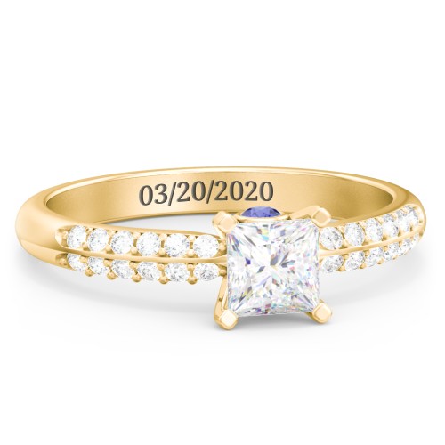 1/2 ct. Princess Gemstone Peek-A-Boo Engagement Ring with Double Row Accents – 10K Yellow Gold with White Premium Zirconia and Blue Sapphire