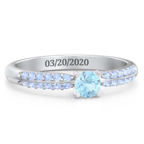 1/4 ct. Round Gemstone Engagement Ring with Double Row Accents – Sterling Silver with Blue Topaz and Fancy Blue Premium Zirconia