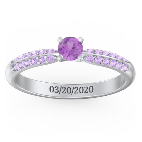 1/4 ct. Round Gemstone Engagement Ring with Double Row Accents – Sterling Silver with Amethyst and Amethyst Premium Zirconia