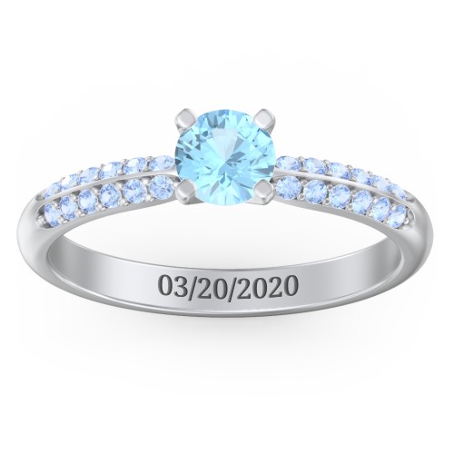 1/2 ct. Round Gemstone Engagement Ring with Double Row Accents – Sterling Silver with Blue Topaz and Fancy Blue Premium Zirconia