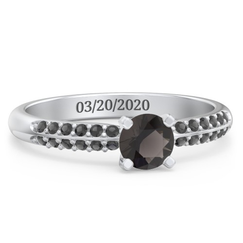 1/2 ct. Round Gemstone Engagement Ring with Double Row Accents – Sterling Silver with Smokey Quartz and Black Premium Zirconia